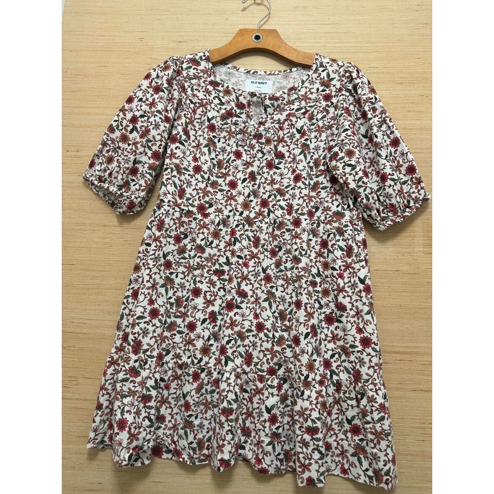 Old Navy Girls Floral Print Dress Size L‎ 10-12 Puff Sleeve Tiered Hem